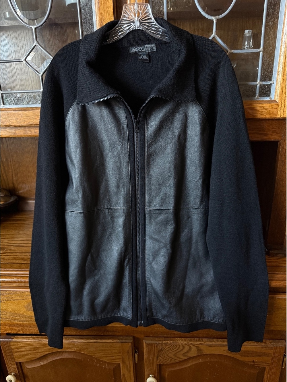 Maxwell & Co Black Leather Wool Zip Jacket Size XL